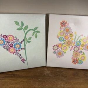 Set Of 2 Oopsy Daisy 12x12 Stretch Canvas Prints Floral Bird & Floral Butterfly